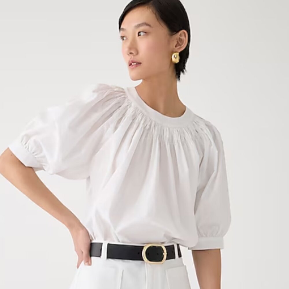 111 NWT JCrew Smock-neck puff-sleeve top in cotton poplin